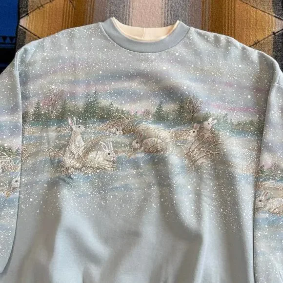 Vintage 90s Women’s Bunny Rabbit AOP Nature Outdoor Sweatshirt Size XL Animals - Picture 5 of 10
